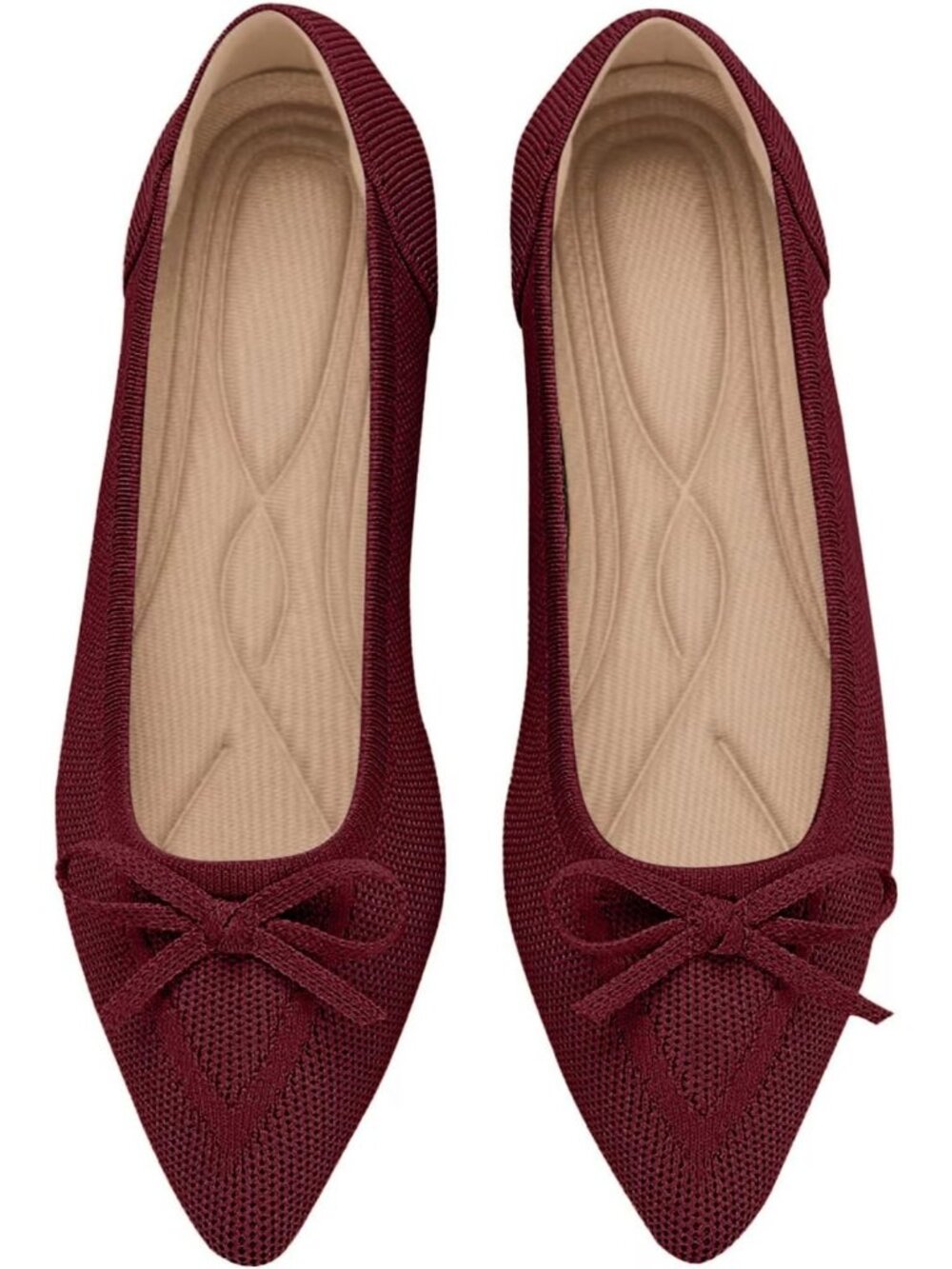 Women's Red Rubber Knit Pointed Toe Ballet Flats Bow Slip On Comfortable Shoes